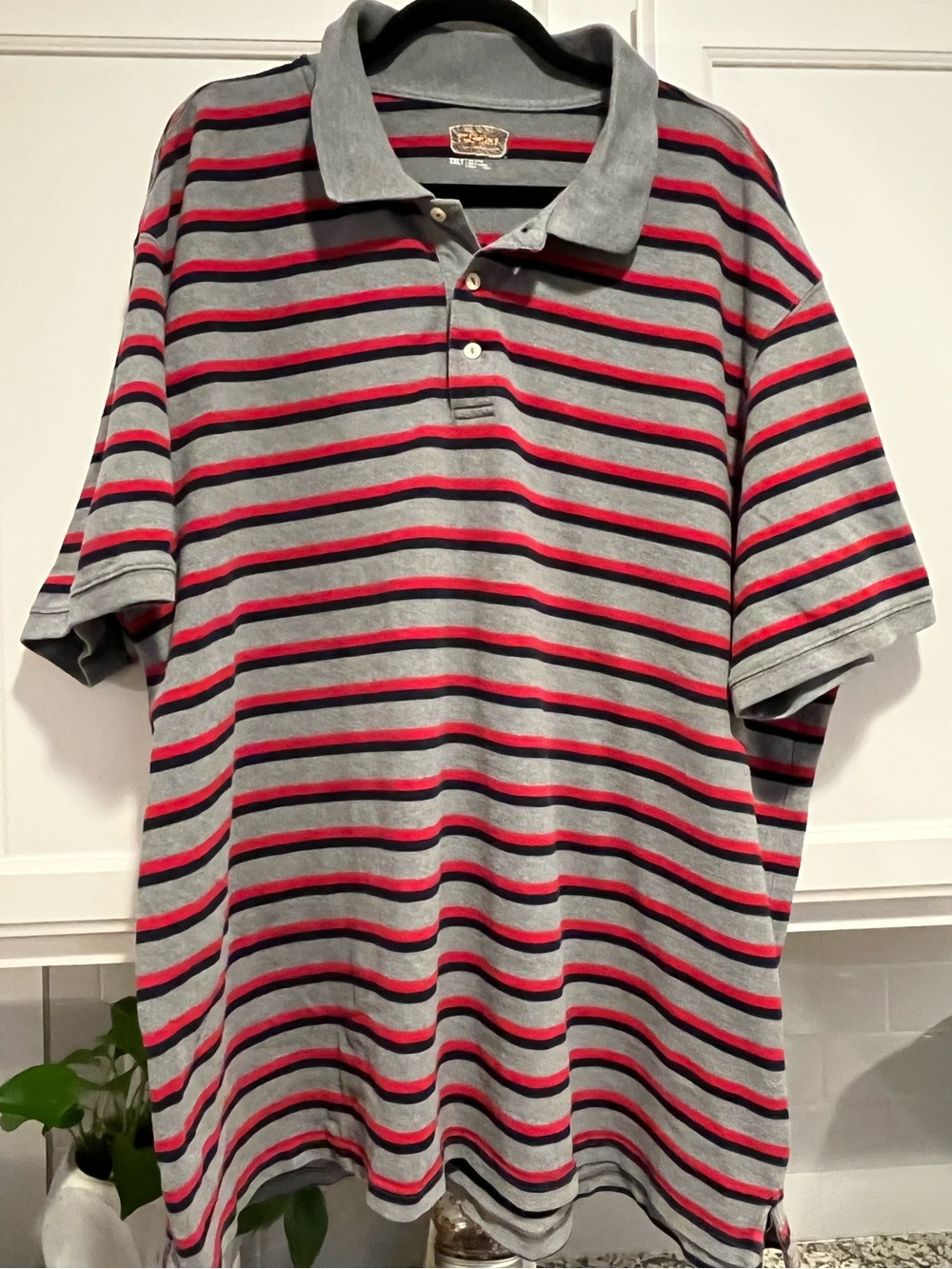 The Foundry Supply Co. Grey Polo with Red and Black Stripes
